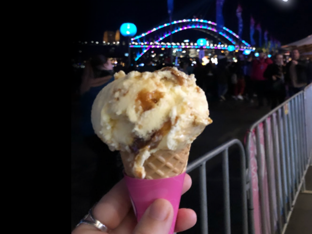 Birthday freebies - ice cream from Baskin Robbins in front of the Sydney Harbour Bridge