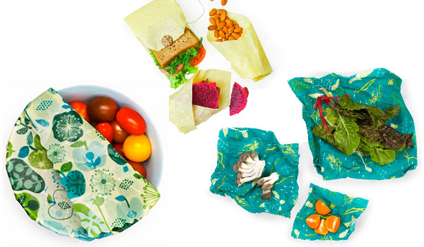 Beeswax wraps around bowls and food