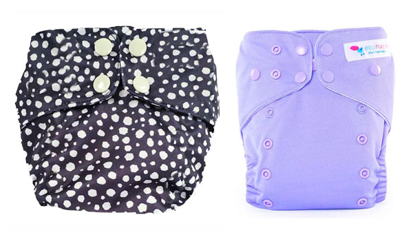 reusable, cloth nappies in black spot and purple