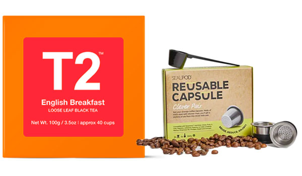 T2 tea and reusable capsule for coffee