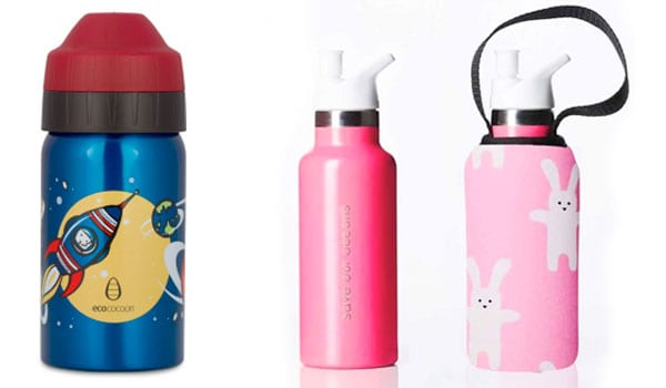 A steel water bottle with a spaceship on it. A pink water bottle with rabbit design.