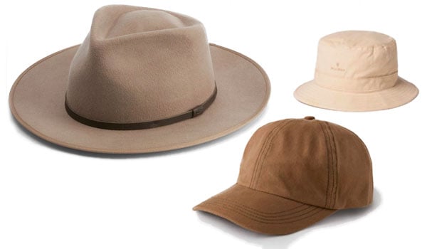 Wide brimmed and bucket hat with baseball cap.