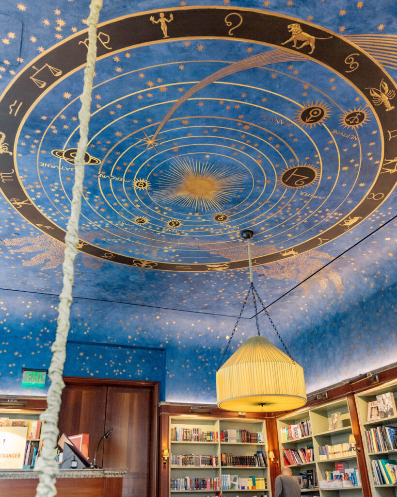 Ceiling painted with astrology signs and night sky motif